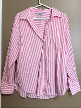 100% Cotton Pink & White Oversized Striped Button-Up Shirt